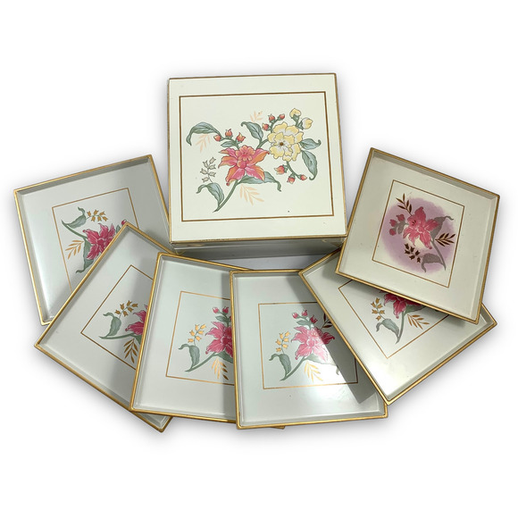1960's OTAGIRI JAPAN PRIMA floral lacquerware boxed coasters set - Picture 2 of 9